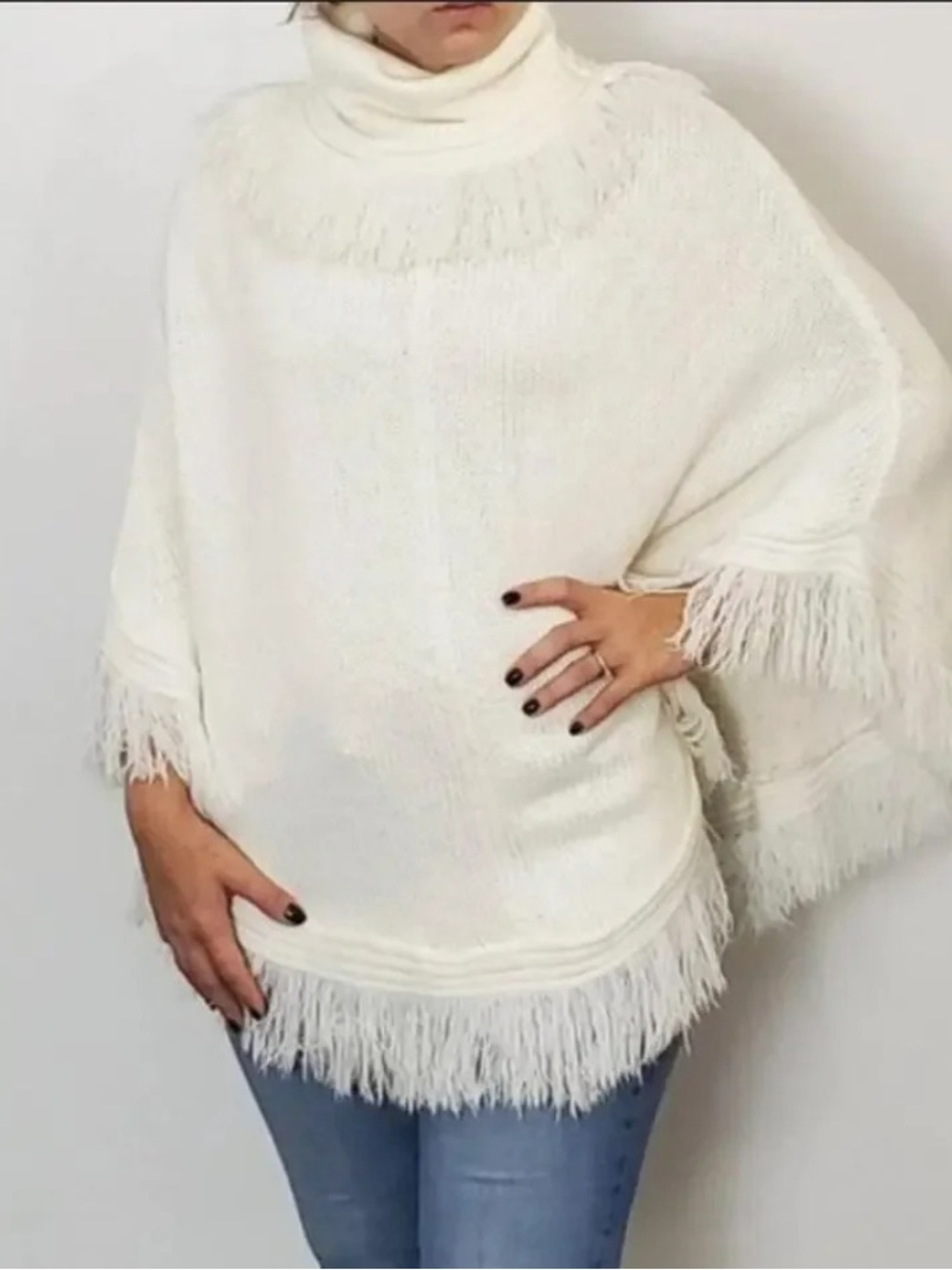 DeRothchild Cream Turtleneck Fringe Poncho Sweater - S/M